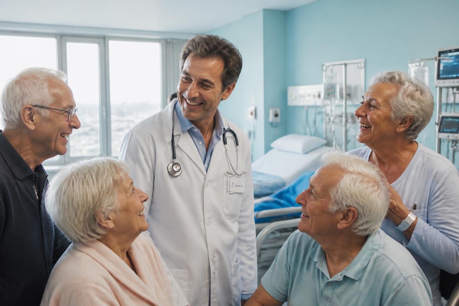 Médecin gériatre souriant entouré de patients âgés heureux dans un service hospitalier